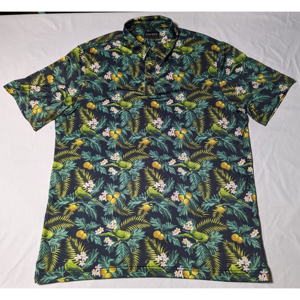 CHASE‎ 54 Men Large Cotton Stretch Green Floral Tropical Lemon Golf Polo - Picture 12 of 15